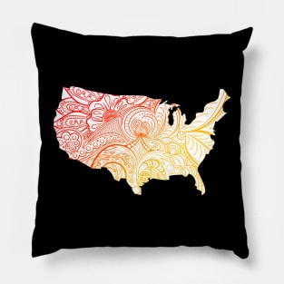 Colorful mandala art map of the United States of America in red and yellow with white background Pillow