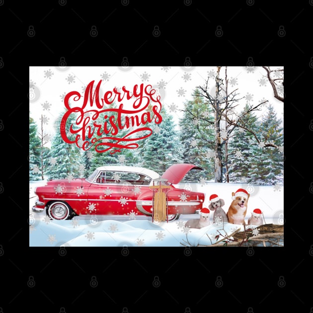 Red Car, Cats and Dogs Merry Christmas with Snowflakes by EmoteYourself