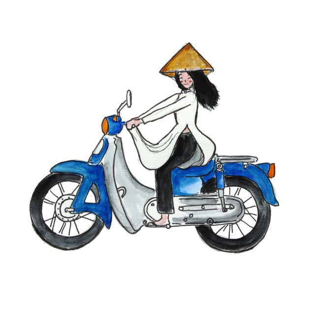 Vietnamese Girl driving her Honda Cub with a simple Water Color style by phanconghoan