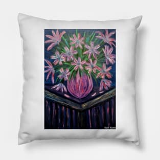 A beautiful bouquet of abstract flowers in a stunning vase on a table Pillow