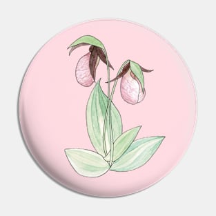 Pink Lady's Slipper Orchid Watercolor Illustration Pin