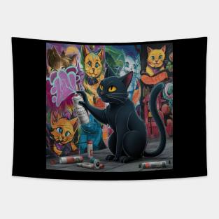 Sleek Black Cat Sprays Graffiti on Wall Tapestry