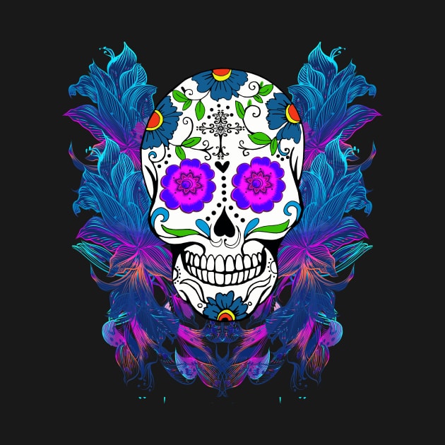 Blue Purple Floral Sugar Skull Day Of The Dead by Atteestude