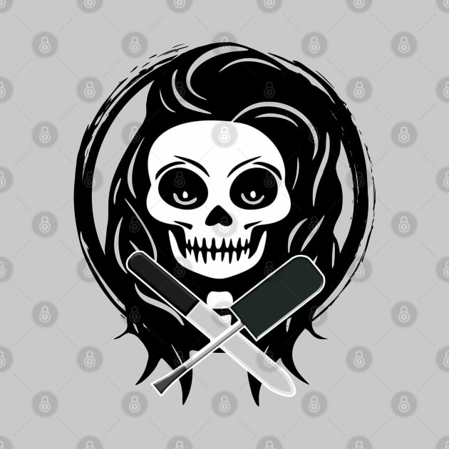 Female Nail Tech Skull and Manicurist Tools Black Logo by Nuletto