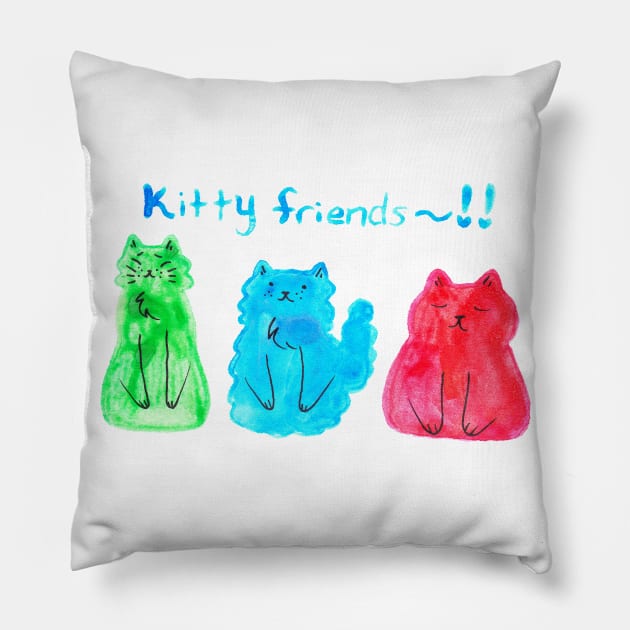 Watercolor Green Blue Red Kitty Friends Pillow by saradaboru