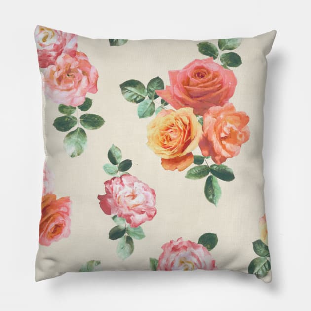 Retro Peach and Pink Roses Pillow by micklyn