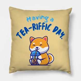 Shiba Drinking Boba Having a Tea-riffic Day Pillow