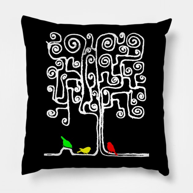 Three Little Birds Swirling Tree Pillow by LionTuff79