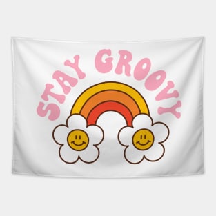 Retro rainbow and daisy with text: Stay groovy Tapestry