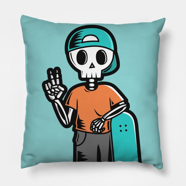 Skater Skeleton Kid with Backwards Hat Pillow by SLAG_Creative