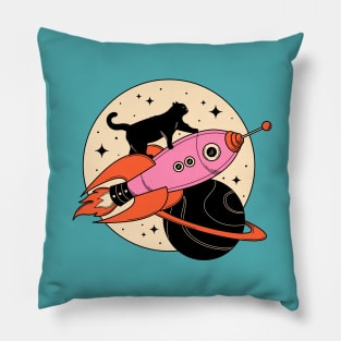 Space Walker Black Cat in blue Pillow