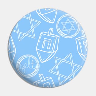 White Outline Chalkboard Hanukkah Doodle Pattern on a Light Blue Backdrop, made by EndlessEmporium Pin