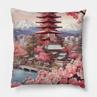 Japan Mt. Fuji Cherry Blossom Vintage Tourism Travel Poster Pillow