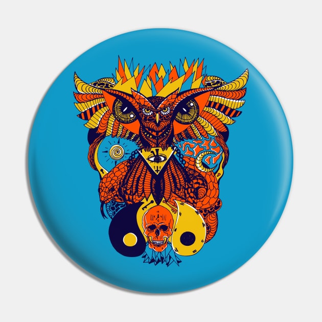 Orange Blue Owl And Ageless Skull Pin by kenallouis