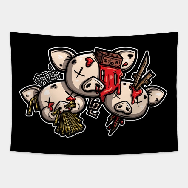 Three Little Dead Pigs Tapestry by VooDudeDesigns