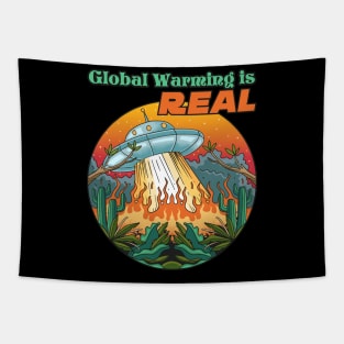Global Warming is Real UFO Retro Tapestry