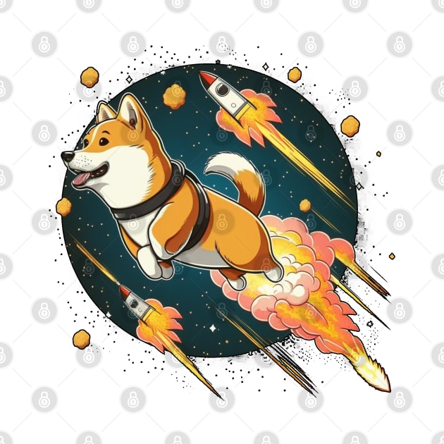 shiba inu flying into space with a rocket by bmron