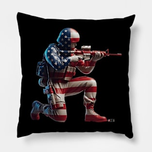 American Military Soldier and USA Flag by focusln Pillow