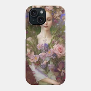 Flowers botanical art painting of a girl goddess or a pagan green witch Phone Case