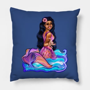 Mermaid Pacific princess  with rainbow coloured colored fins, hibiscus, outstretched  arm, brown eyes, Curly hair  and caramel brown skin - light background Pillow