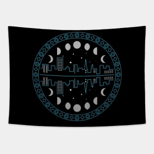 Moon Phases Stars and City Tapestry