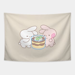 Two Cute Rabbits Savoring Giant Tiramisu! Tapestry