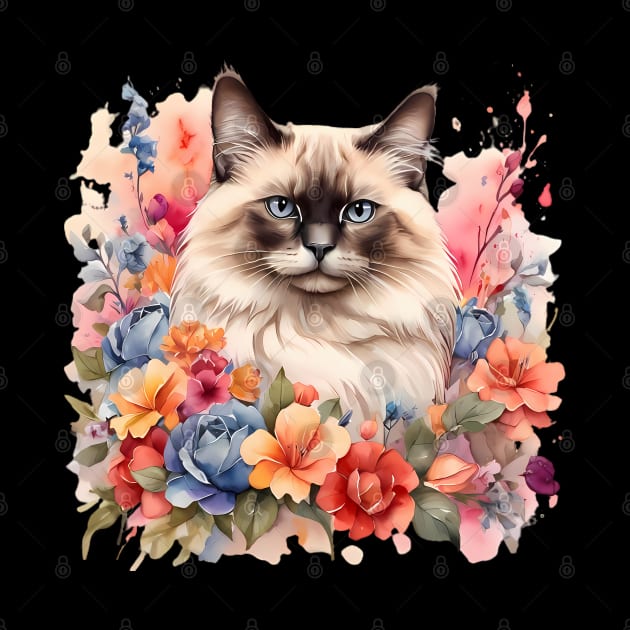 A birman cat decorated with beautiful watercolor flowers by CreativeSparkzz