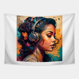 Beautiful Latina Woman Listening to Music Tapestry