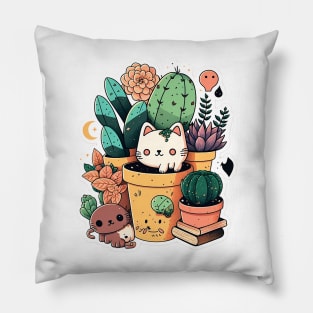 Cute kawaii plants and pots pack with cat Pillow