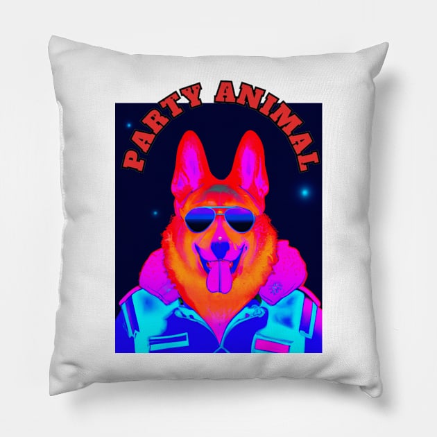 Party Animal Police K9 Dog Synthwave Retro Pillow by Artsimple247