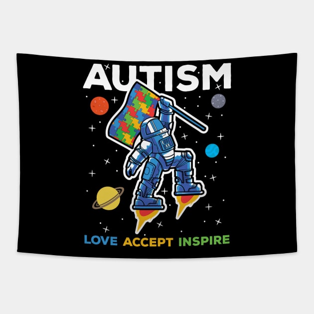 Autism Astronaut Love Accept Inspire Tapestry by RadStar