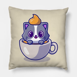 Cute Cat In Coffee Cup Cartoon Vector Icon Illustration Pillow