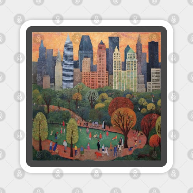 Sunset in Iconic Central Park, NYC, Art Brut Style Magnet by EpicFoxArt