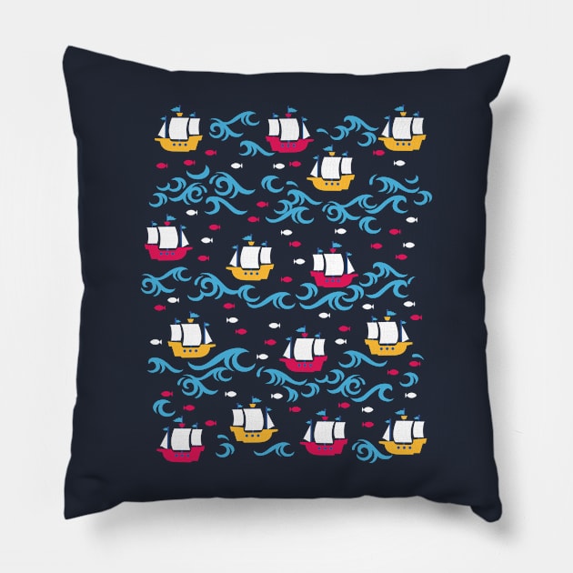 Colorful Sailing Marine Ship Adventure Pillow by FlinArt