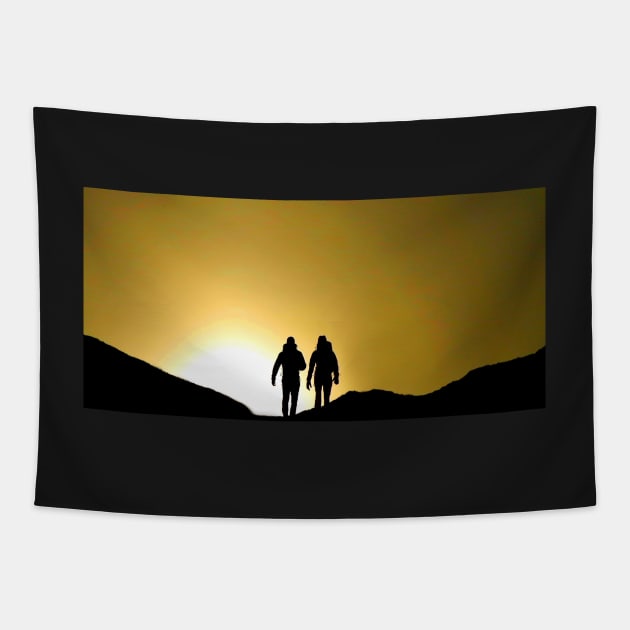 Silhouette of walker's on the peak of mam tor derbyshiire Tapestry by Simon-dell