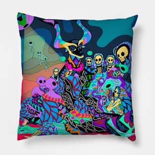 the marvelous issues about witches and demons in remixed mayan pattern style ecopop Pillow