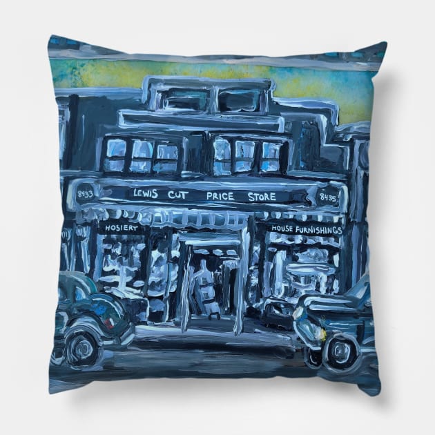 1940s Woodhaven Queens Mom and Pop Shops Pillow by Art by Deborah Camp