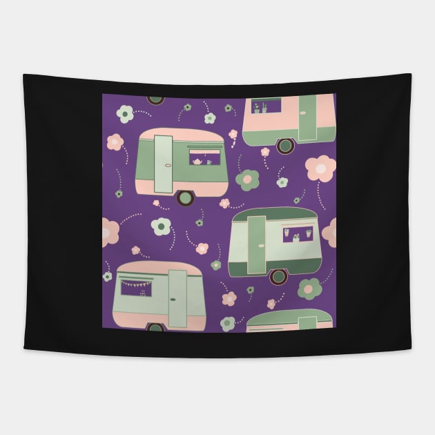 Repeat pattern of vintage caravans and daisies in pastel pinks and greens on purple Tapestry by NattyDesigns