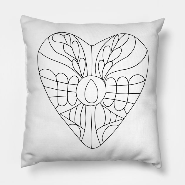 Linear drawing - heart with patterns of leaves and flowers. Hand drawing coloring book for children and adults. One of a series of painted pictures. Pillow by Olesya Pugach