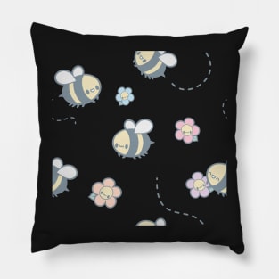 Pastel Pink Kawaii Bees and Flowers Artwork | Cute Spring Aesthetic Pillow