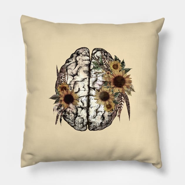 Mental health,  floral sunflowers and brain, value your mind Pillow by Collagedream