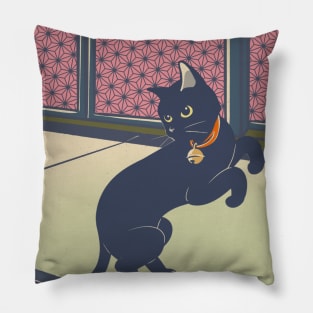 Black Cat In Japanese Room Pillow