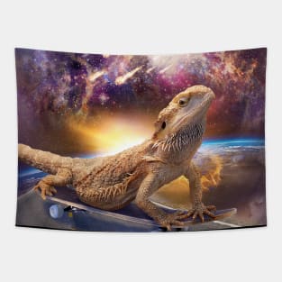 Bearded Dragon Lizard On Skateboard In Space Tapestry