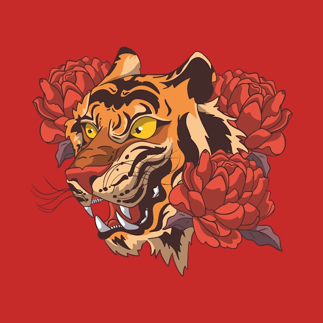 Tiger's head in peonies by katanya78