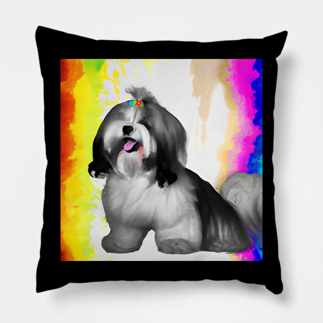 Lhasa Apso Dog Rainbow Painting Pillow by KayBee Gift Shop