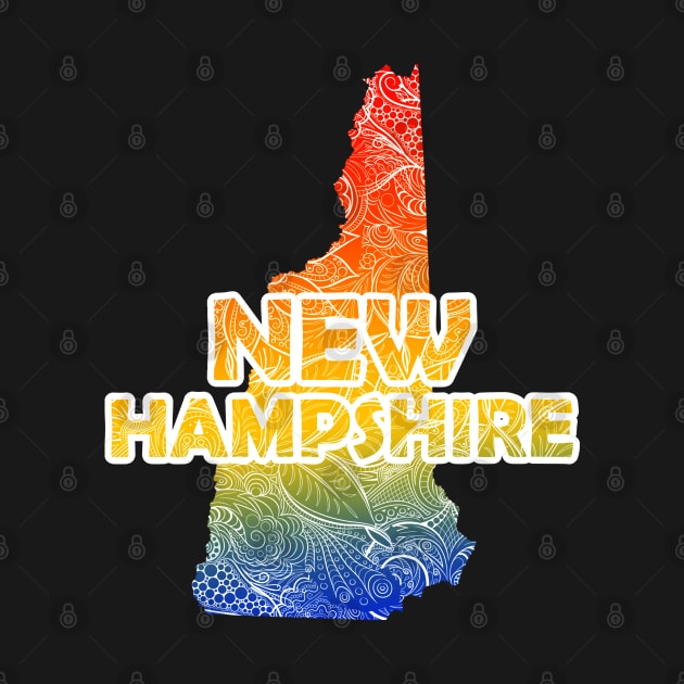 Colorful mandala art map of New Hampshire with text in blue, yellow, and red by Happy Citizen