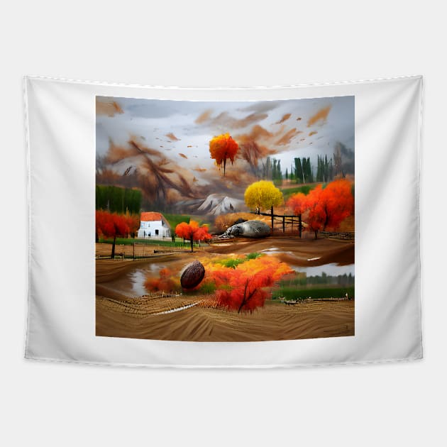 Autumn Village Landscape Tapestry by Mihadom