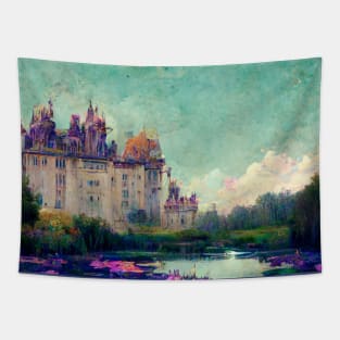 Teal Sky Castle and Waterlillie pond flower painting Tapestry