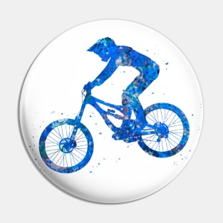 Downhill mountain bike jump blue watercolor Pin