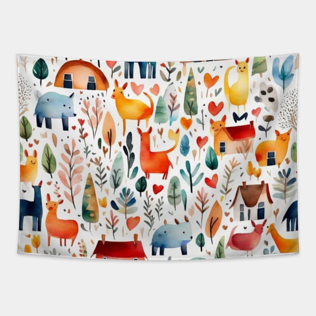 Cute cottagecore pattern houses animals trees beautiful countryside pattern village pattern gifts Tapestry by WeLoveAnimals
